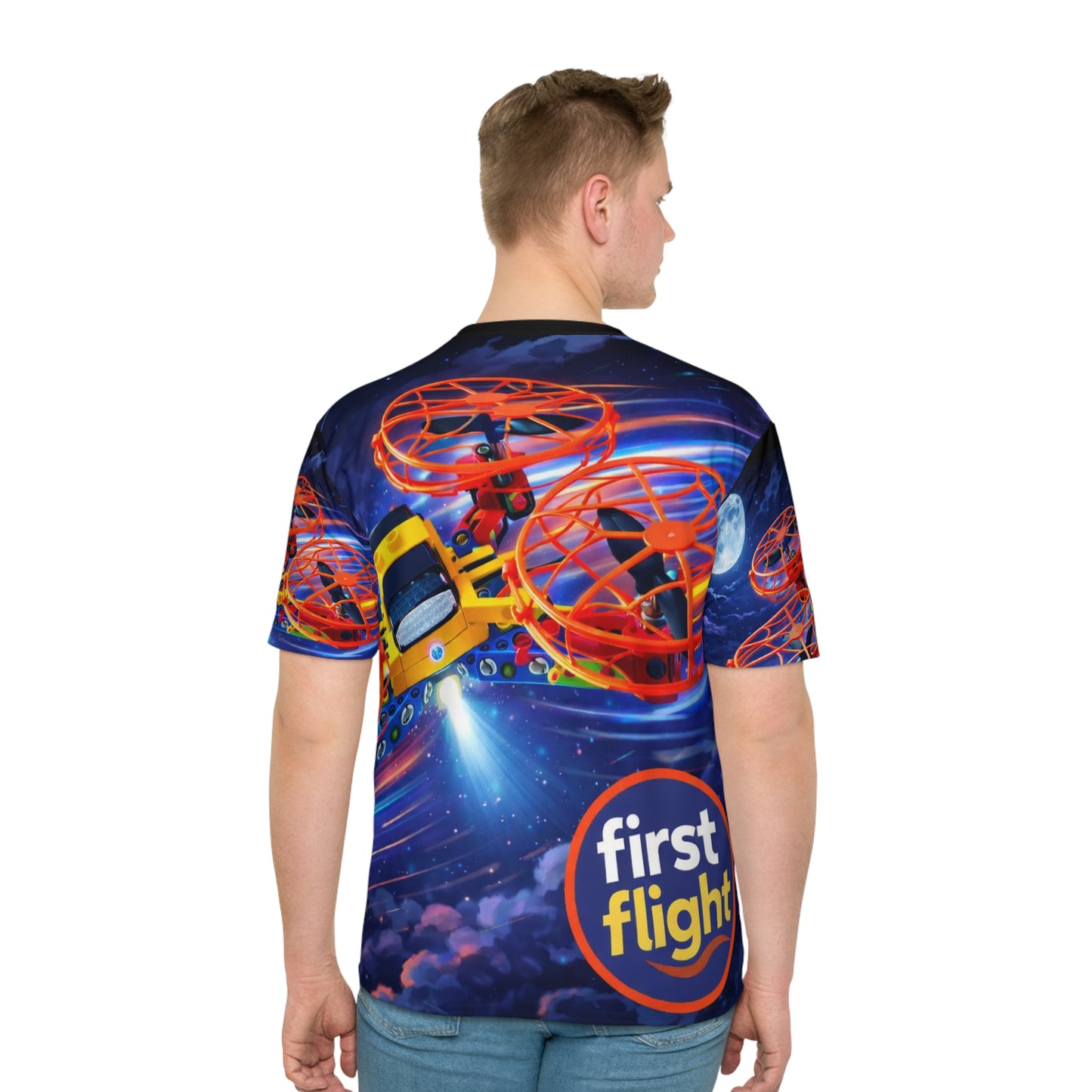 First Flight Drone Print T-Shirt — All-Over-Print Space Adventure Tee