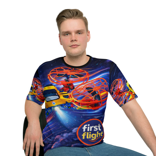 First Flight Drone Print T-Shirt — All-Over-Print Space Adventure Tee