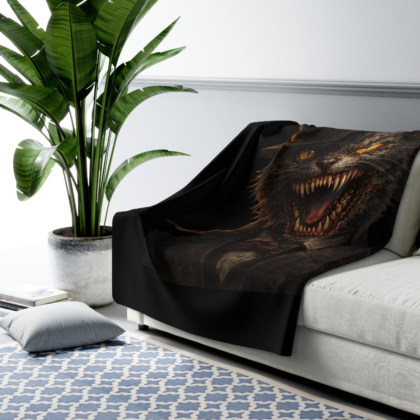Victorian Mad Cat Sherpa Blanket — Spooky Gothic Throw for Halloween