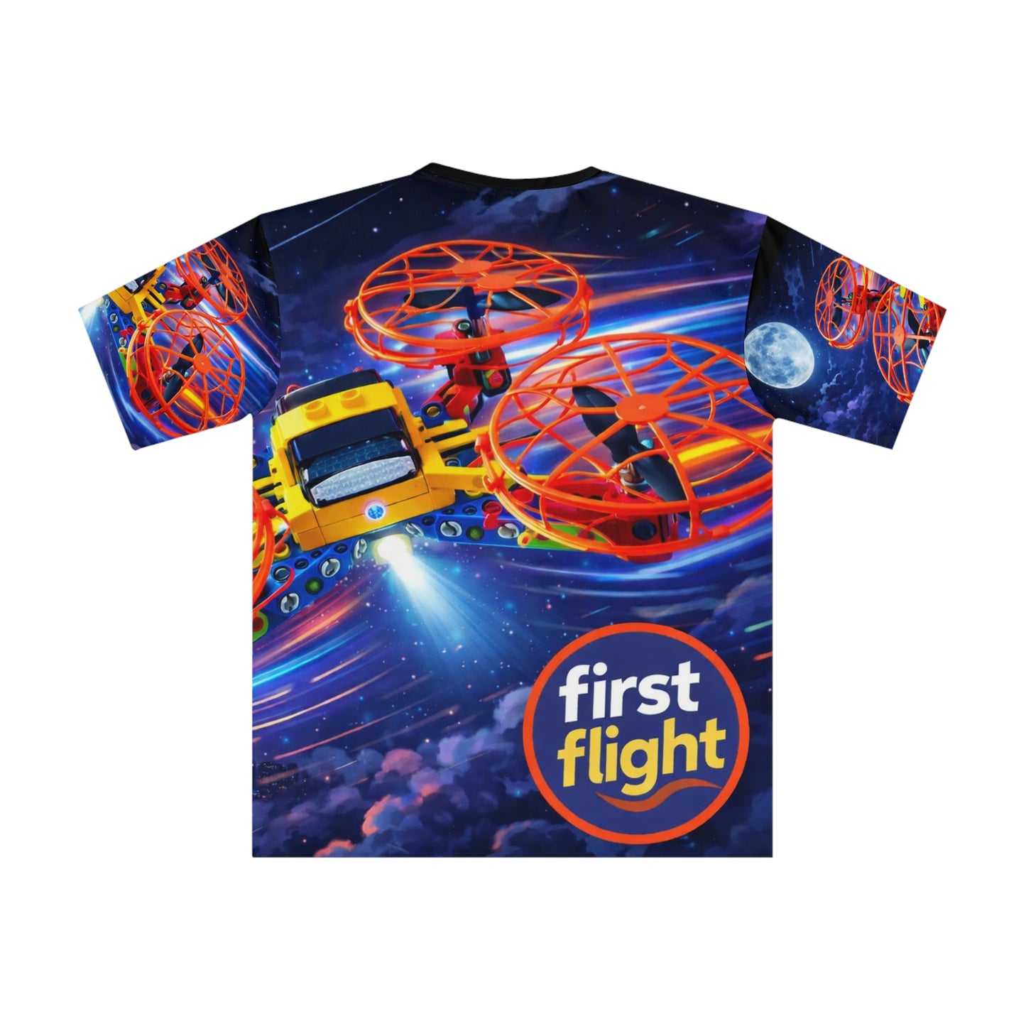First Flight Drone Print T-Shirt — All-Over-Print Space Adventure Tee