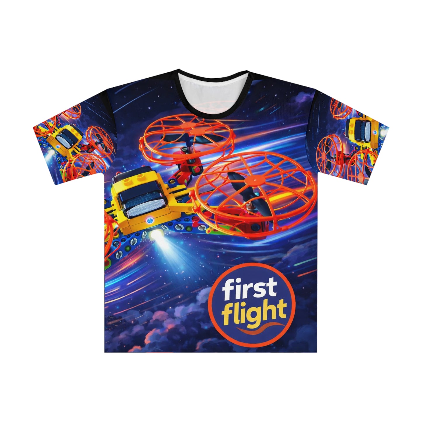 First Flight Drone Print T-Shirt — All-Over-Print Space Adventure Tee