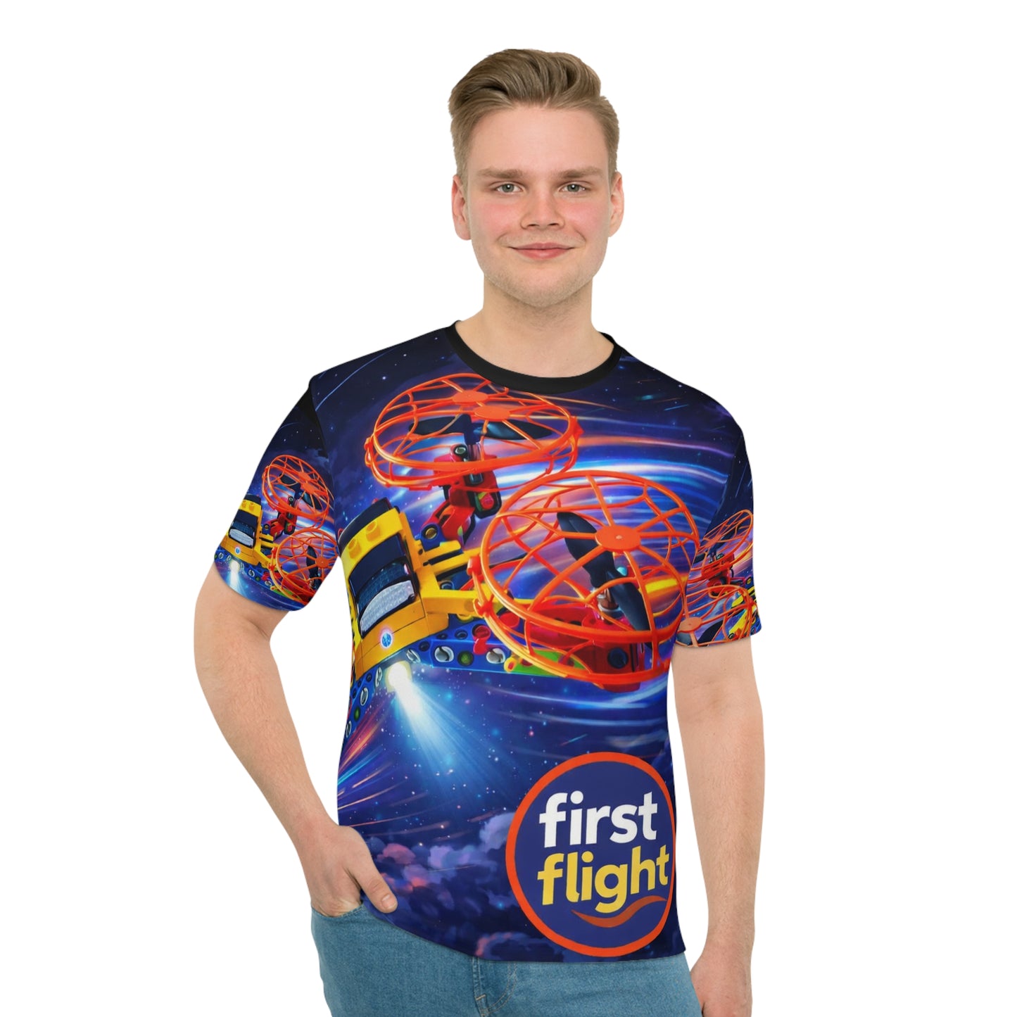 First Flight Drone Print T-Shirt — All-Over-Print Space Adventure Tee